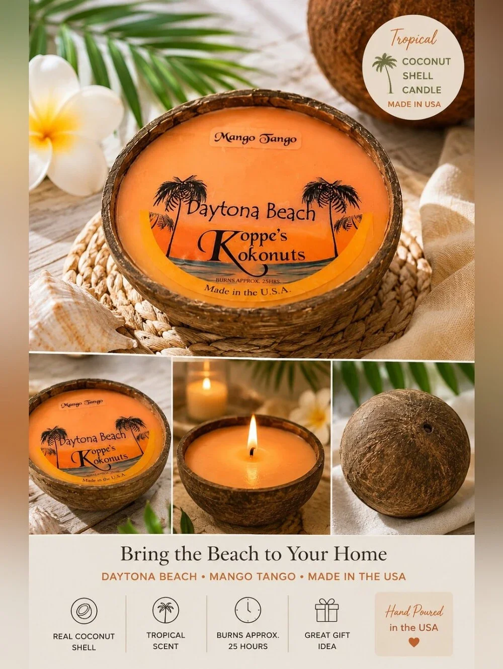 Koppe's Kokonuts Daytona Beach Mango Tango Candlet Shell Candle